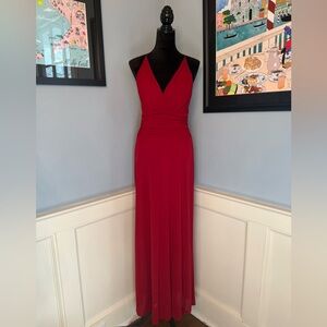 True Vintage Y2K Laundry Red Ruched Deep V Neck Gown with Spaghetti Straps and X